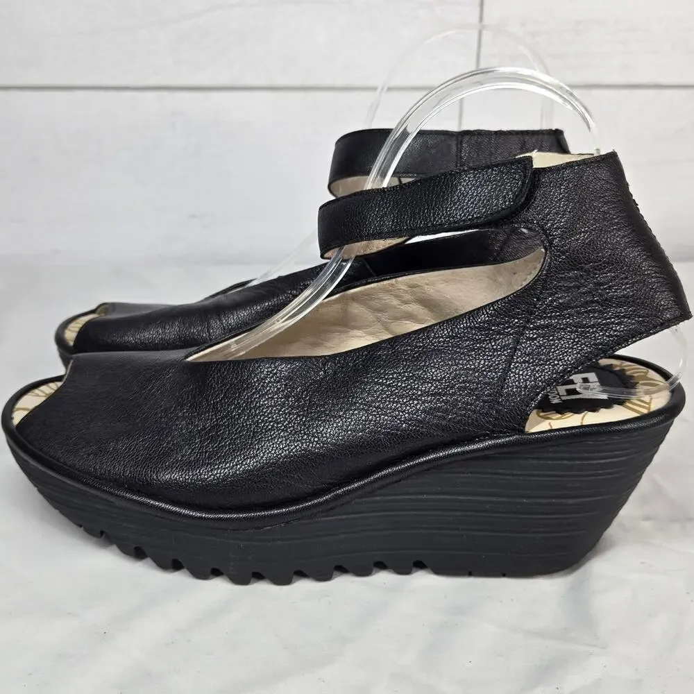 Fly London Yala EU 40 US 9.5 Black Leather Peep Toe Platform Wedge Sandals